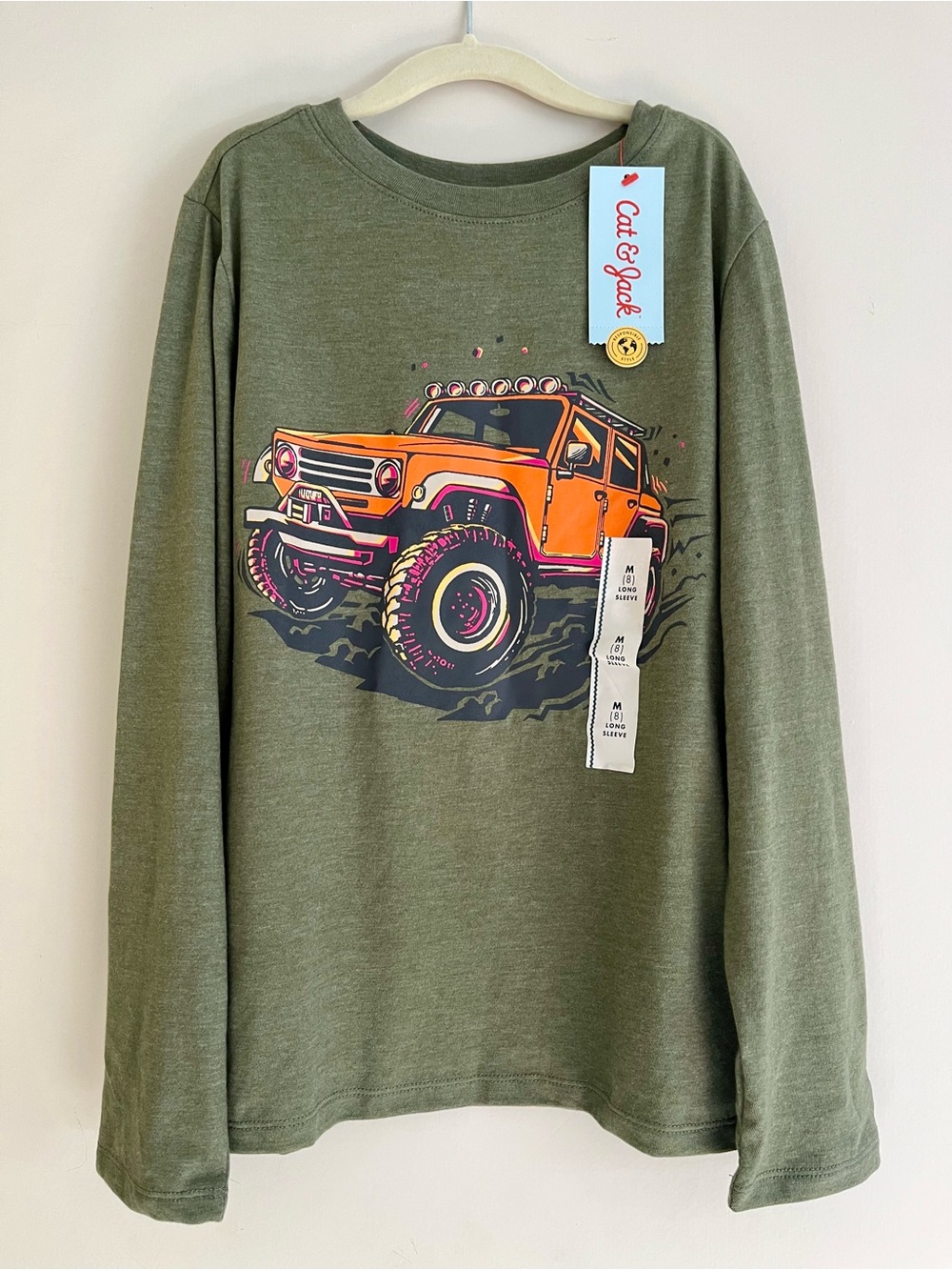Cat & Jack Olive Green Long-Sleeve Tee with Orange Truck Graphic